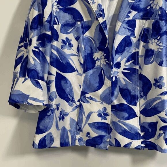 TanJay Womens Floral 3/4 Sleeve Open Front Cropped Jacket Blue White - Picture 5 of 10